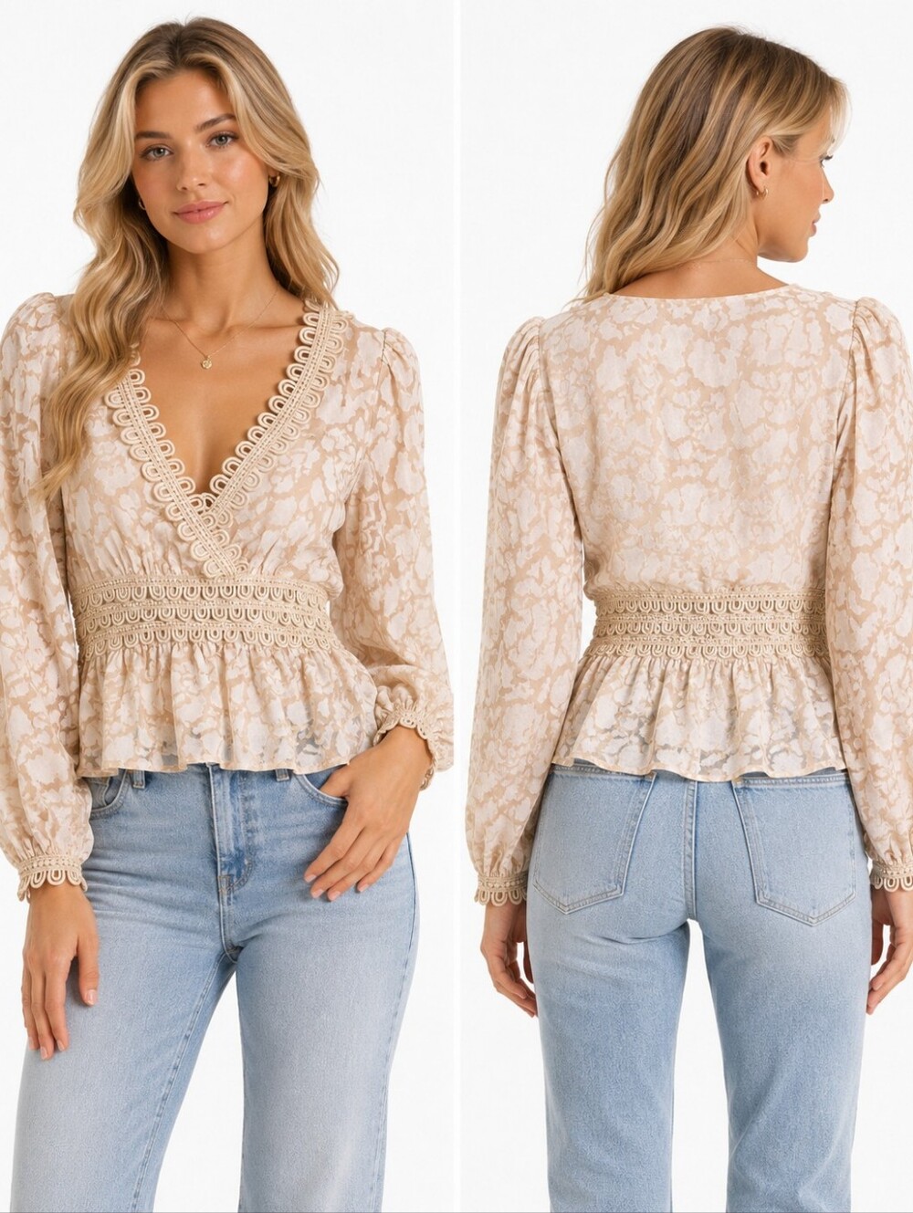 Champagne & Strawberry Lace Peplum Blouse Women Cream Boho Romantic Size S